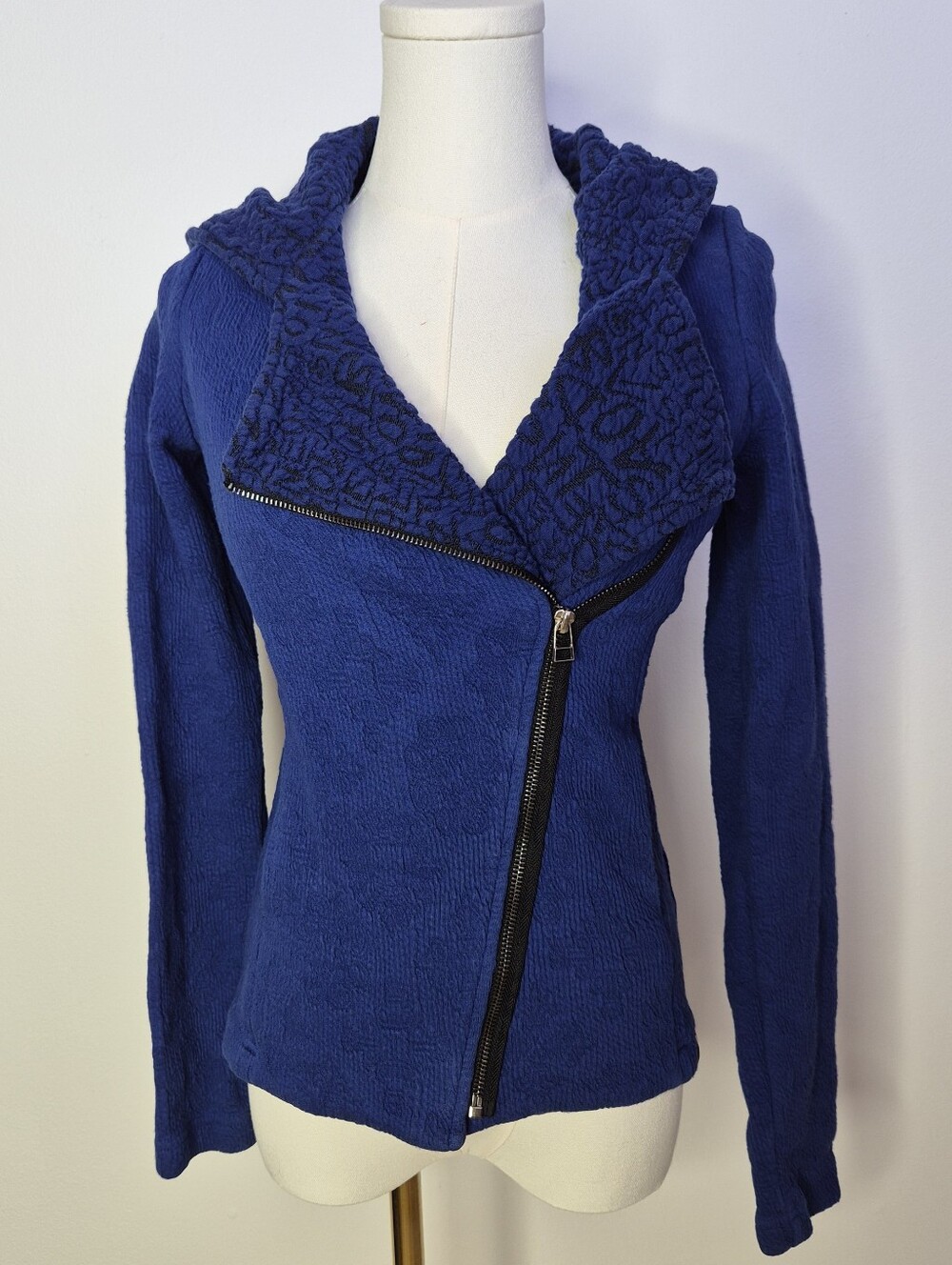 Tonia DeBellis Royal Cobalt Blue Asymmetrical Zip Jacquard Moto Hoodie Jacket Sm